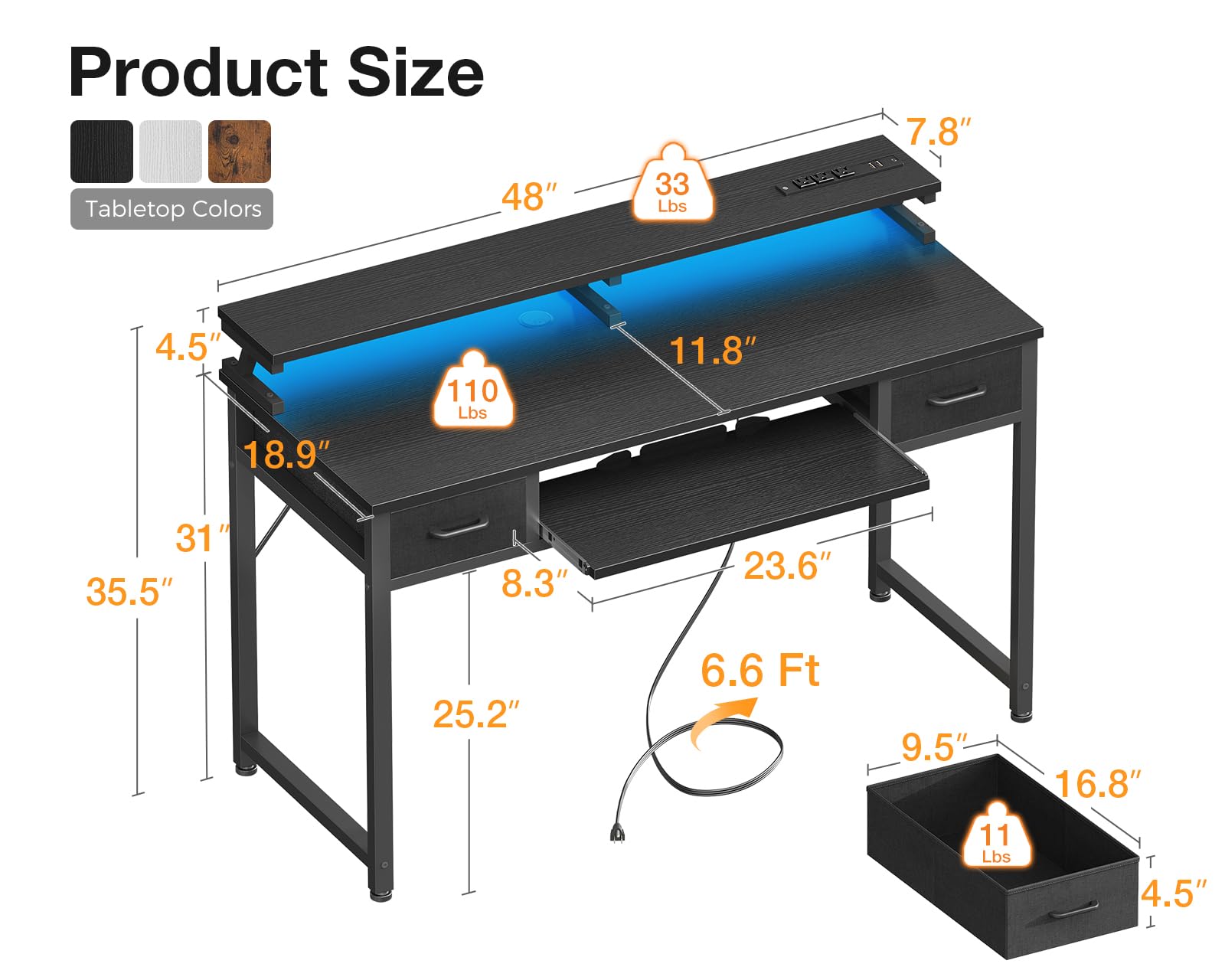 ODK Gaming Desk with Led Lights and Power Outlet, 48 Inch Computer Desk with Drawers and Keyboard Tray, PC Desk with Monitor Stand, Work Desk for Home Office, Black