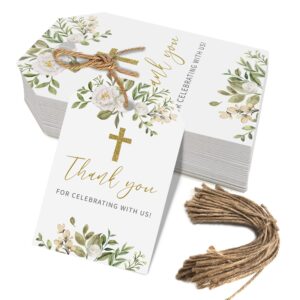 baptism thank you tags, 50 pcs cross design thank you for celebrating with us paper tags for newborn baby shower birthday (white)