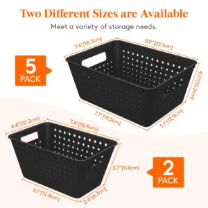 Lifewit Plastic Storage Basket, 7 Pack Stackable Storage Bins for Organizing, Multi Size Open Containers for Shelving, Pantry, Office and Cabinet, 5 Large and 2 Small Size, Black