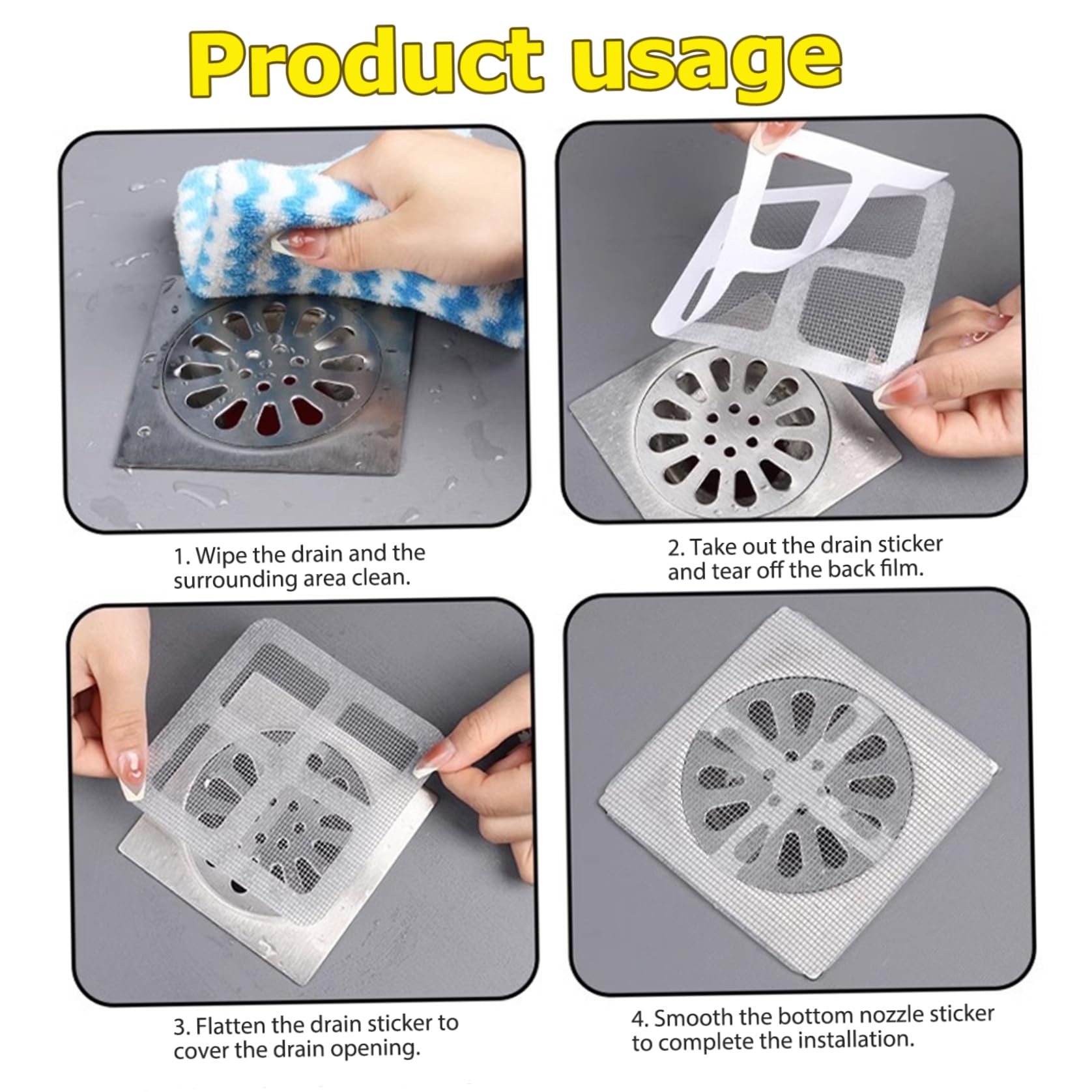 Disposable Shower Drain Hair Catcher, 50pcs 4inch Square Mesh Disposable Drain Covers, Sink Strainer Filter, Floor Drain Sticker for Bathroom, Laundry, Bathtub