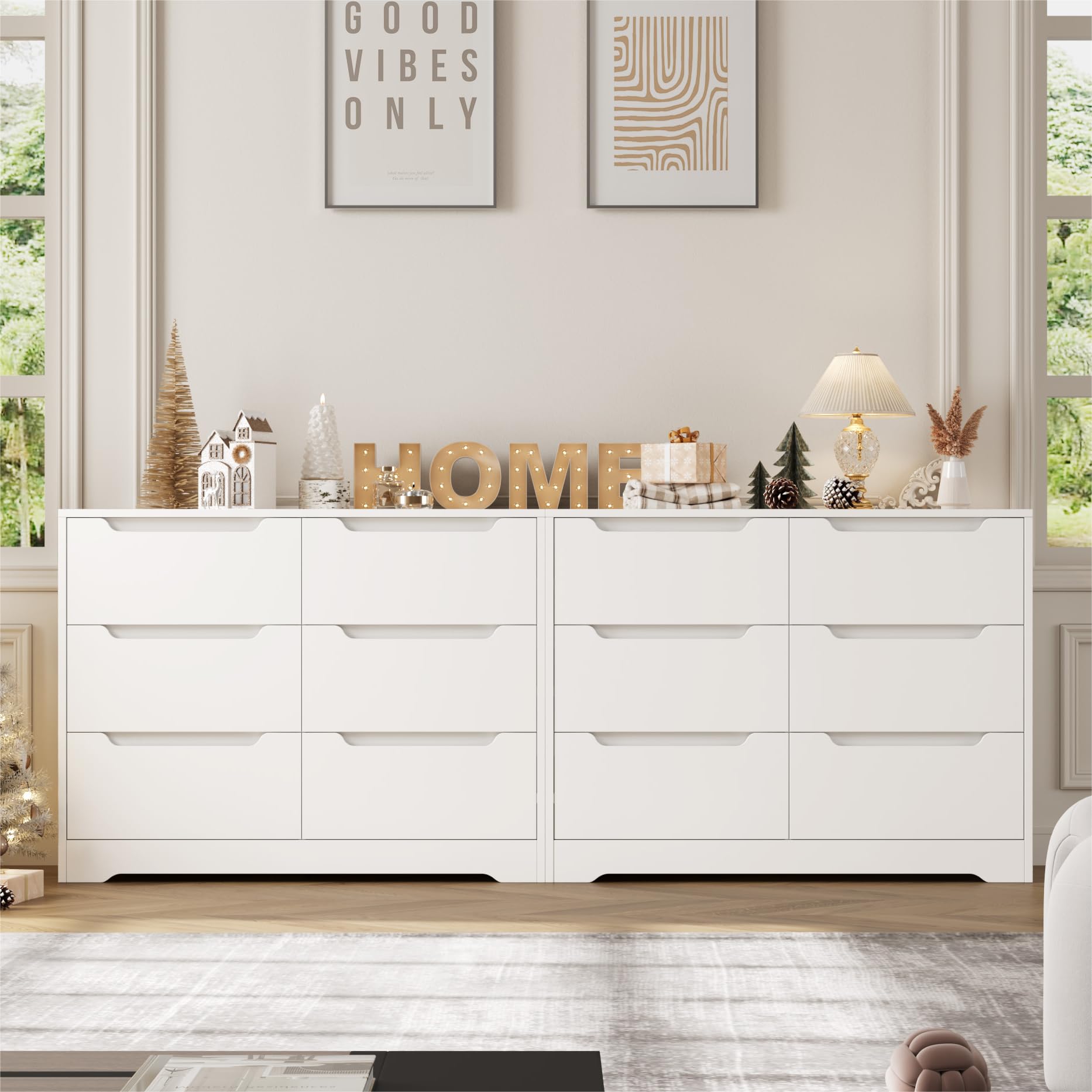 HOSTACK 6 Drawer Dresser, White Dresser with 4 Cubbies, Wood Chest of Drawers with Cut-Out Handles, Modern Storage Chest with 20" Deep Tabletop for Living Room, Hallway, Entryway