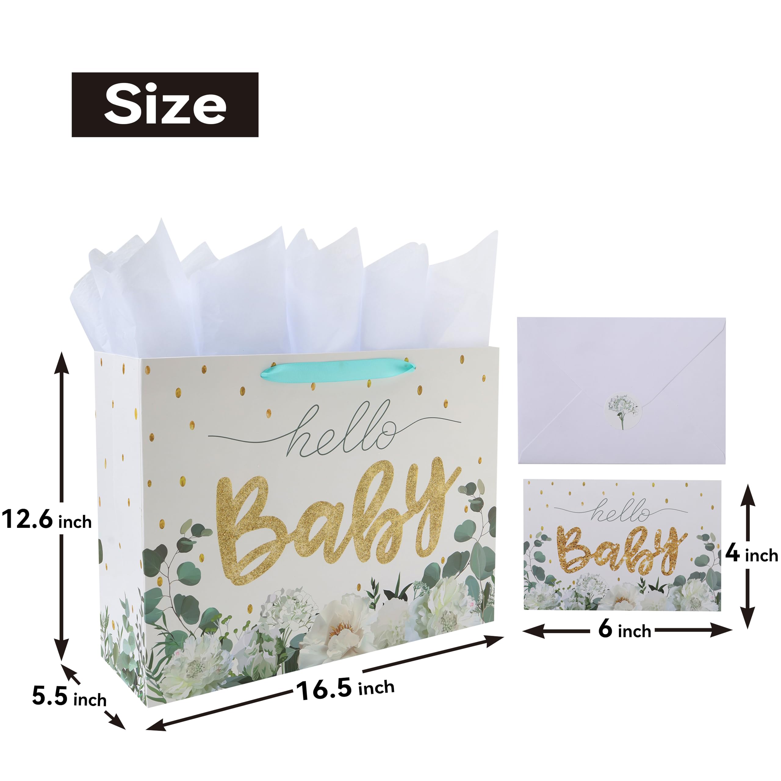 16.5" Extra Large White Gift Bag Set with Greeting Card and Tissue Papers (Gold Glitter ‘Baby’) for Baby Shower, Baby Girl or Boy, Girls' Birthday Party, Women's Birthday Parties - 16.5”x5.5”x12.6”, 1 Pcs.