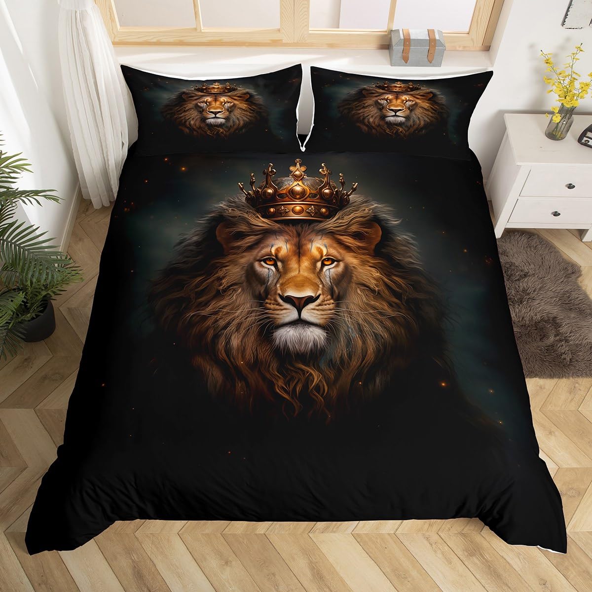 Comforter Cover Full Size, King Lion Golden Print Bedding Set Black 3D Lion Animal Print Duvet Cover, Crown Lion African Wildlife Bedspread Cover for Kids and Adults Baby Boy Gifts