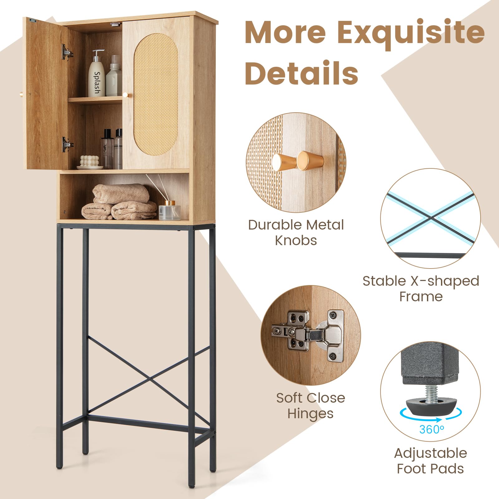 Giantex Over The Toilet Storage Cabinet - 69" Over Toilet Bathroom Organizer with Rattan Doors, 5 Compartments & Adjustable Foot Pads, Farmhouse Space Saver Storage Rack for Restroom, Laundry Room