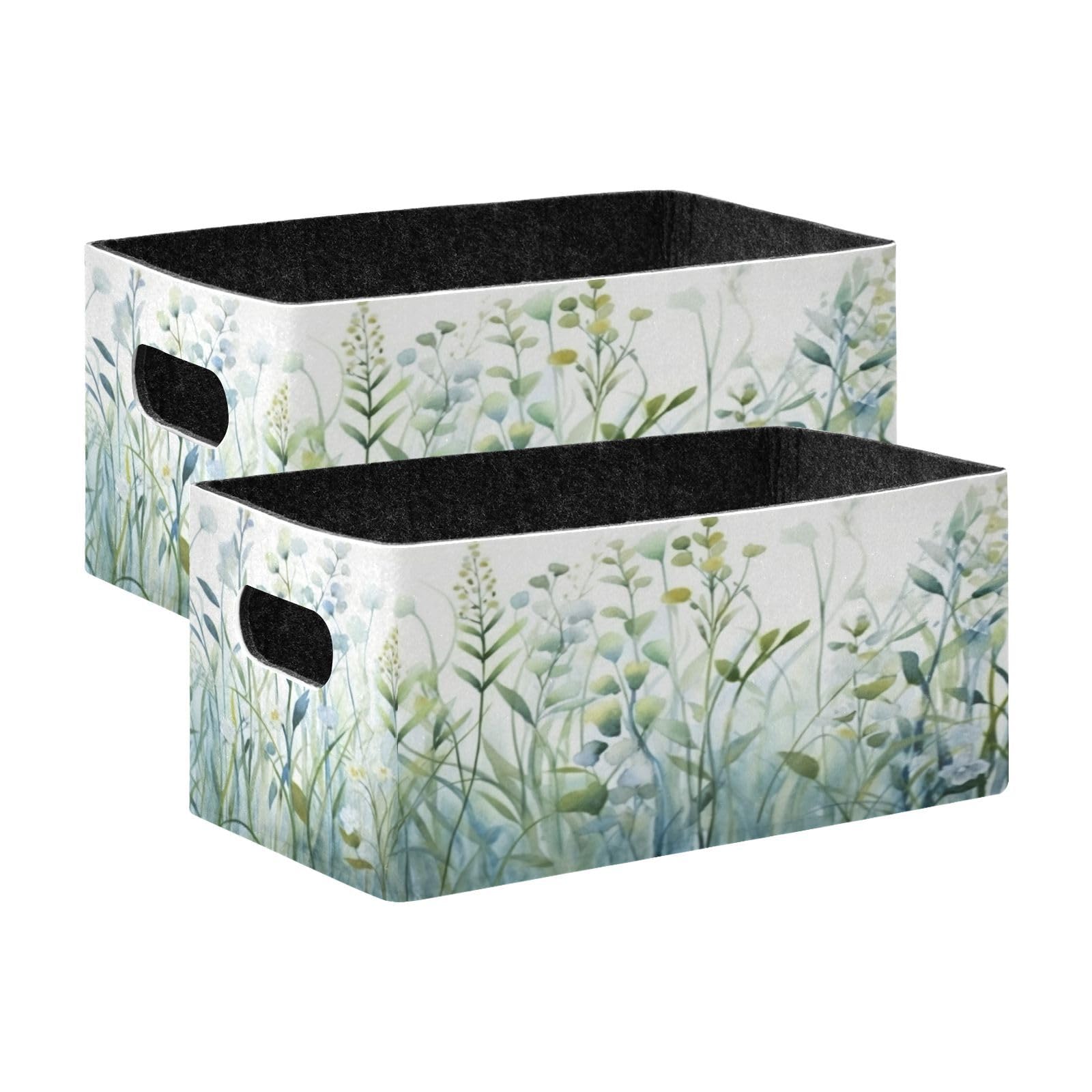 YETTASBIN Green Leaves Felt Storage Baskets with Handle, Collapsible Open Storage Bin Drawers Storage Box for Shelf Closet Office Bedroom Nursery Home, 2 Pack, g342710993p737c780s1706