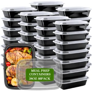 meal prep containers reusable 38oz - plastic food containers with lids 50 pack, disposable to go food containers, leakproof food prep containers, stackable, takeout, bpa-free, microwave/freezer safe