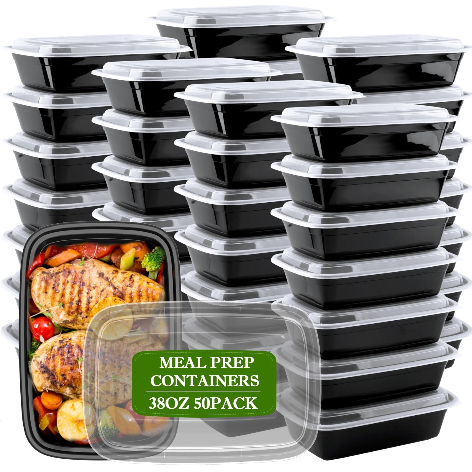 Meal Prep Containers Reusable 38oz - Plastic Food Containers with Lids 50 Pack, Disposable To Go Food Containers, Leakproof Food Prep Containers, Stackable, Takeout, BPA-Free, Microwave/Freezer Safe