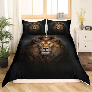 Comforter Cover Full Size, King Lion Golden Print Bedding Set Black 3D Lion Animal Print Duvet Cover, Crown Lion African Wildlife Bedspread Cover for Kids and Adults Baby Boy Gifts