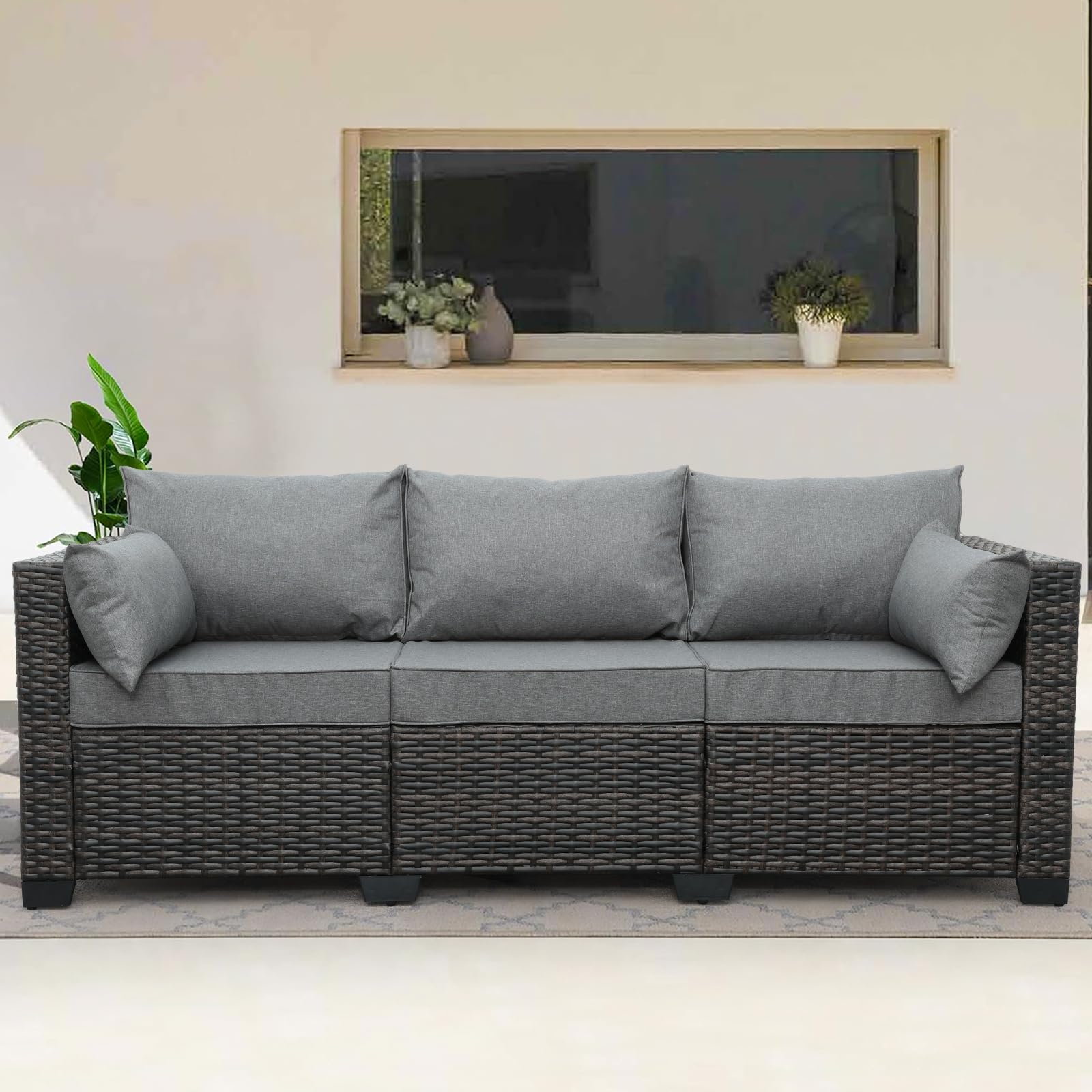 3-Seat Patio PE Wicker Couch Furniture Outdoor Brown Rattan Sofa with Washable Cushions(Grey)