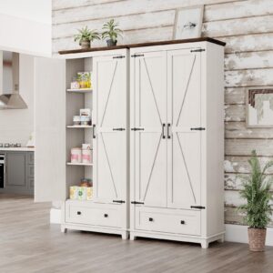 LUXOAK Farmhouse Kitchen Pantry Cabinet, 72" Tall Storage Cabinet with Adjustable Shelves & Barn Doors, Freestanding Kitchen Cupboard for Dining Room, Living Room, Barnwood+White