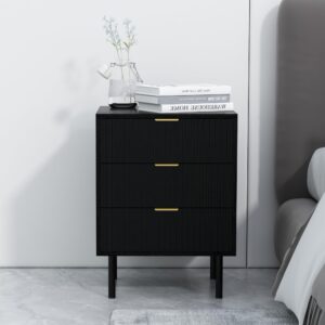 conifferism Fluted Black Nightstand 3 Drawers, 19" Small Bedroom 26" Tall Bedside Night Stand, Mid Century Modern Bed Side Couch End Table Living Room, Light Gold Handle