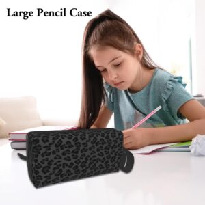 WOBAGMEN Large Pencil Case with Handle Cute Print Pencil Bag Mutifunctional Pencil Pouch Stationery Bag (Black Leopard)