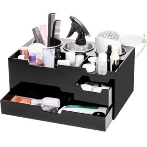 hiceeden acrylic hair tool organizer countertop, hair dryer holder with 2 drawer, bathroom vanity accessories storage stand for blow dryer, hair brush, straightener, black