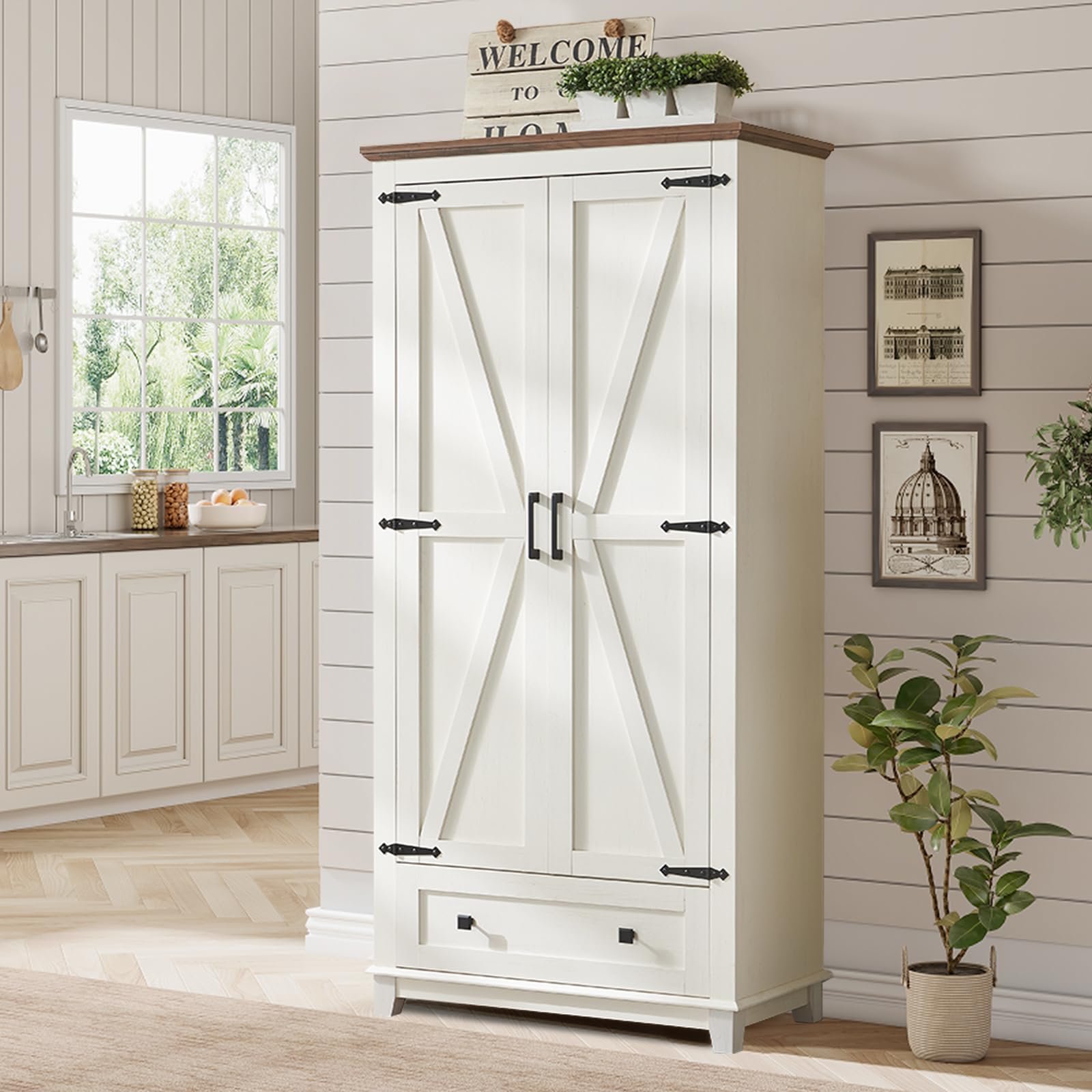 LUXOAK Farmhouse Kitchen Pantry Cabinet, 72" Tall Storage Cabinet with Adjustable Shelves & Barn Doors, Freestanding Kitchen Cupboard for Dining Room, Living Room, Barnwood+White