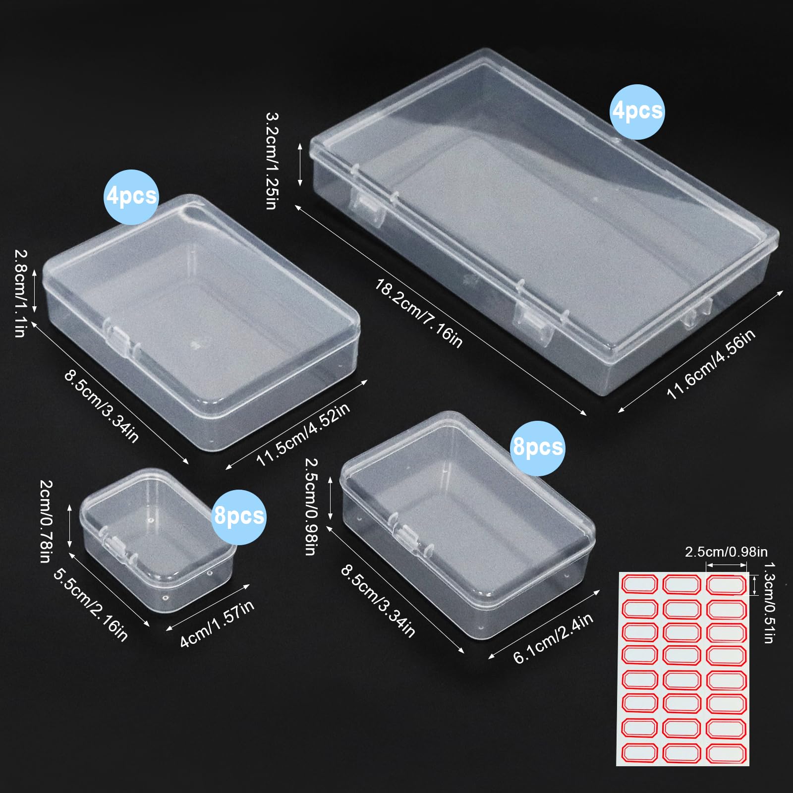 ZWIN 24 Pack Mixed Sizes Rectangular Mini Plastic Containers Clear Plastic Storage Boxes with Hinged Lids 4 Sizes Clear Small Craft Storage Containers for Crafts Bead Small Items