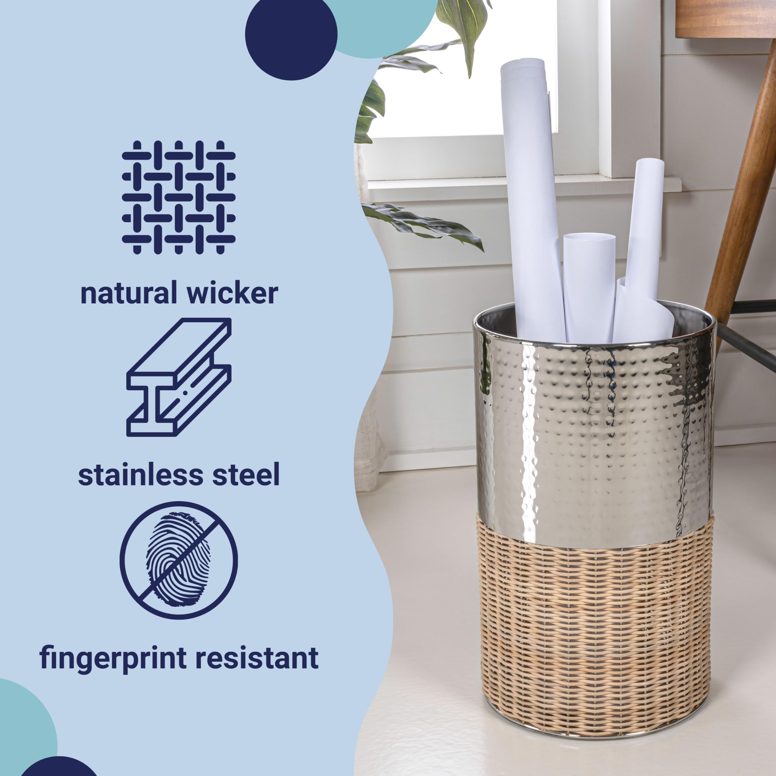 happimess HPM1102B Asher Modern 4.13-Gallon 2-Tone Natural Wicker/Metal Cylinder Waste Basket, Chrome/Natural for Home, Bathroom, Living Room, Office, Bedroom, Kitchen