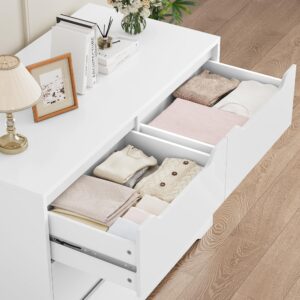 HOSTACK 6 Drawer Dresser, White Dresser with 4 Cubbies, Wood Chest of Drawers with Cut-Out Handles, Modern Storage Chest with 20" Deep Tabletop for Living Room, Hallway, Entryway