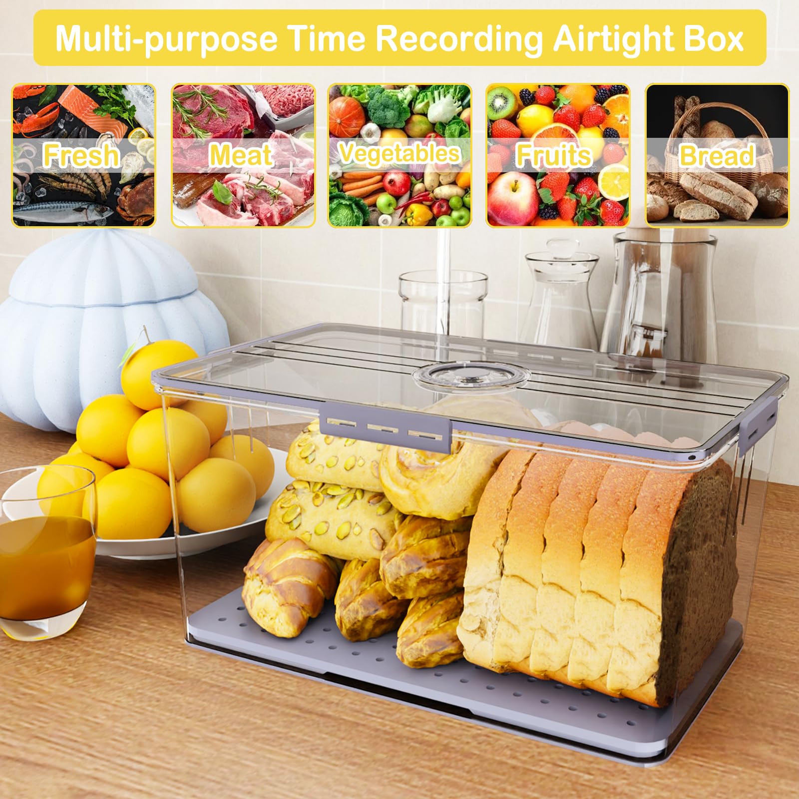 Extra Large (12.8x8.85x6.1in) Bread Box for Kitchen Counter Airtight, Bread Storage Container with Time Recording Lid for Homemade Bread, Bread Keeper for Loaf, Toast, Tall Bread Saver Holder (Grey)