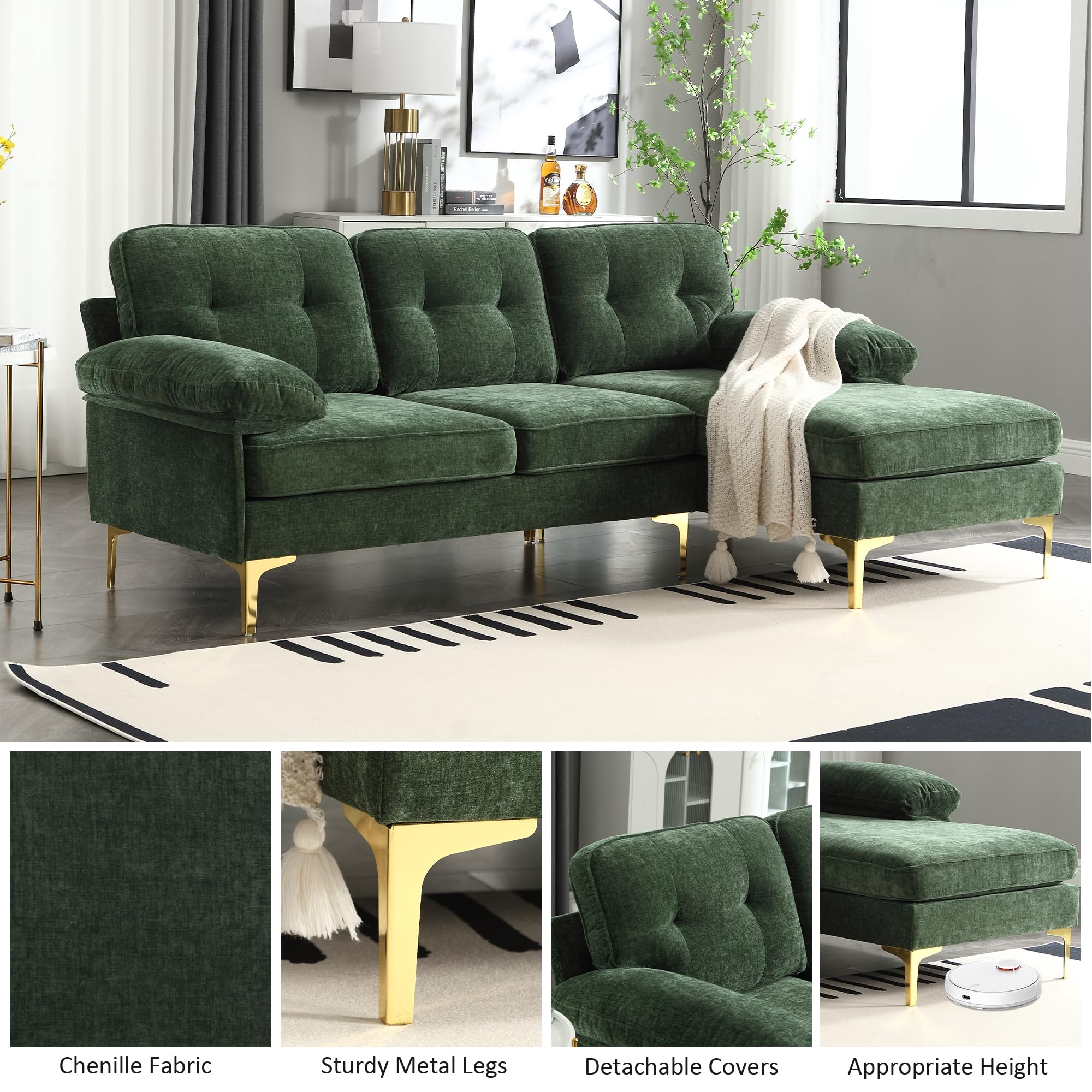 83" Small L Shaped Sofa Couch, Green Sectional Couches for Living Room with Chaise Lounge, Modern Chenille Modular Couch with Removable Cushions Cover Convertible Couches for Small Spaces Bedroom