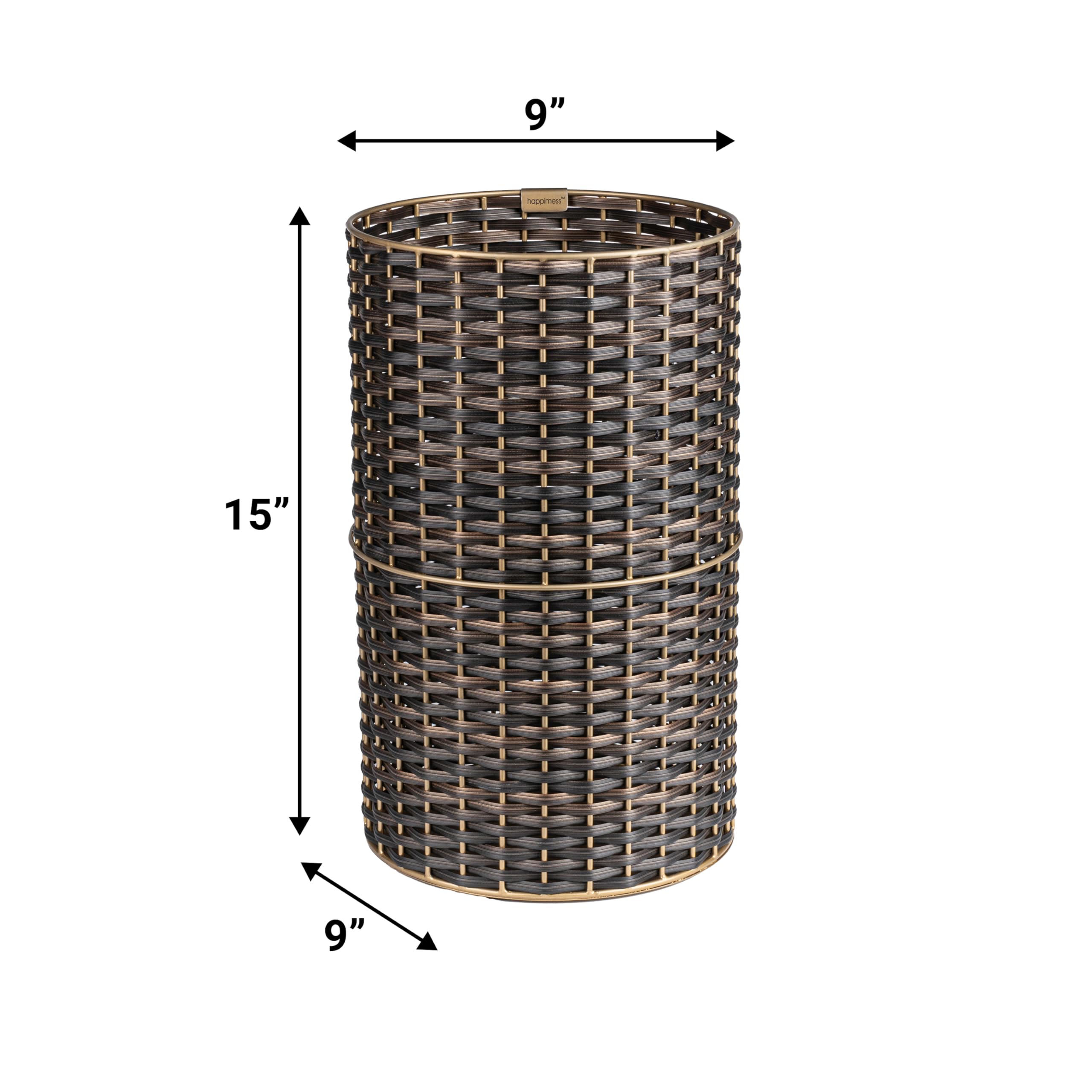 happimess HPM1100C Cecil Modern 4.13-Gallon Faux Wicker Cylinder Waste Basket, Dark Bronze/Gold for Home, Bathroom, Living Room, Office, Bedroom, Kitchen