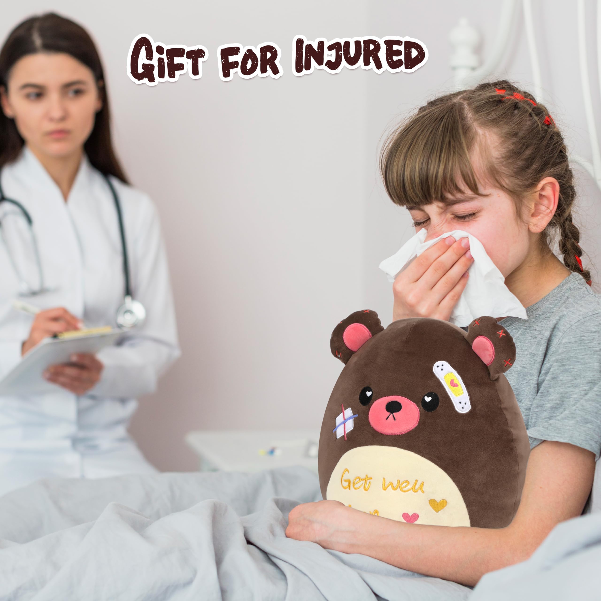 Easfan Get Well Soon Stuffed Bear Plush Pillow, Feel Better Injured Teddy Cozy Snuggle Toy Animal with Adhesive Bandage, Adorable Soft Gifts for Patients Boys Girls After Surgery, Brown, 13''