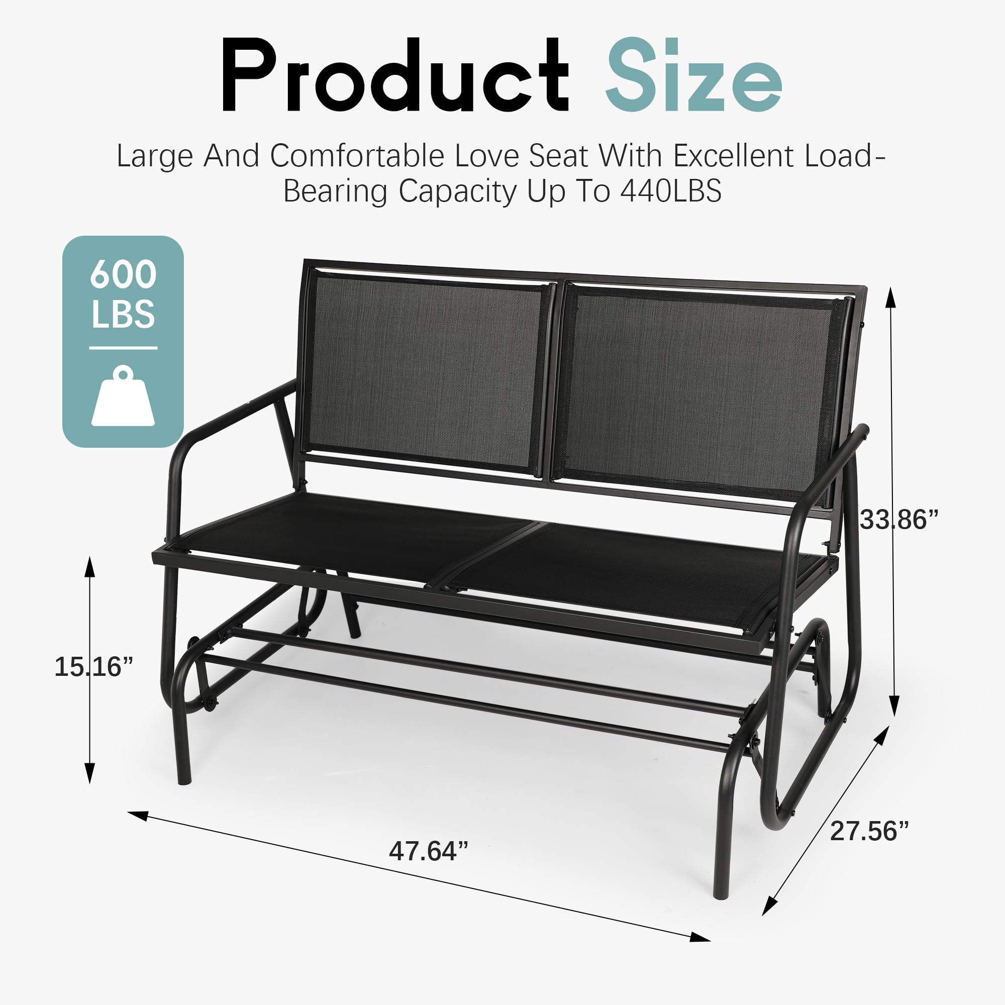 Crownland Outdoor Patio Glider Chair, Porch Furniture Textilene Glider Loveseat, Two Seat Rocking Glider Bench with Coated Metal Frame for Backyard, Lawn, Garden and Porch(Black)