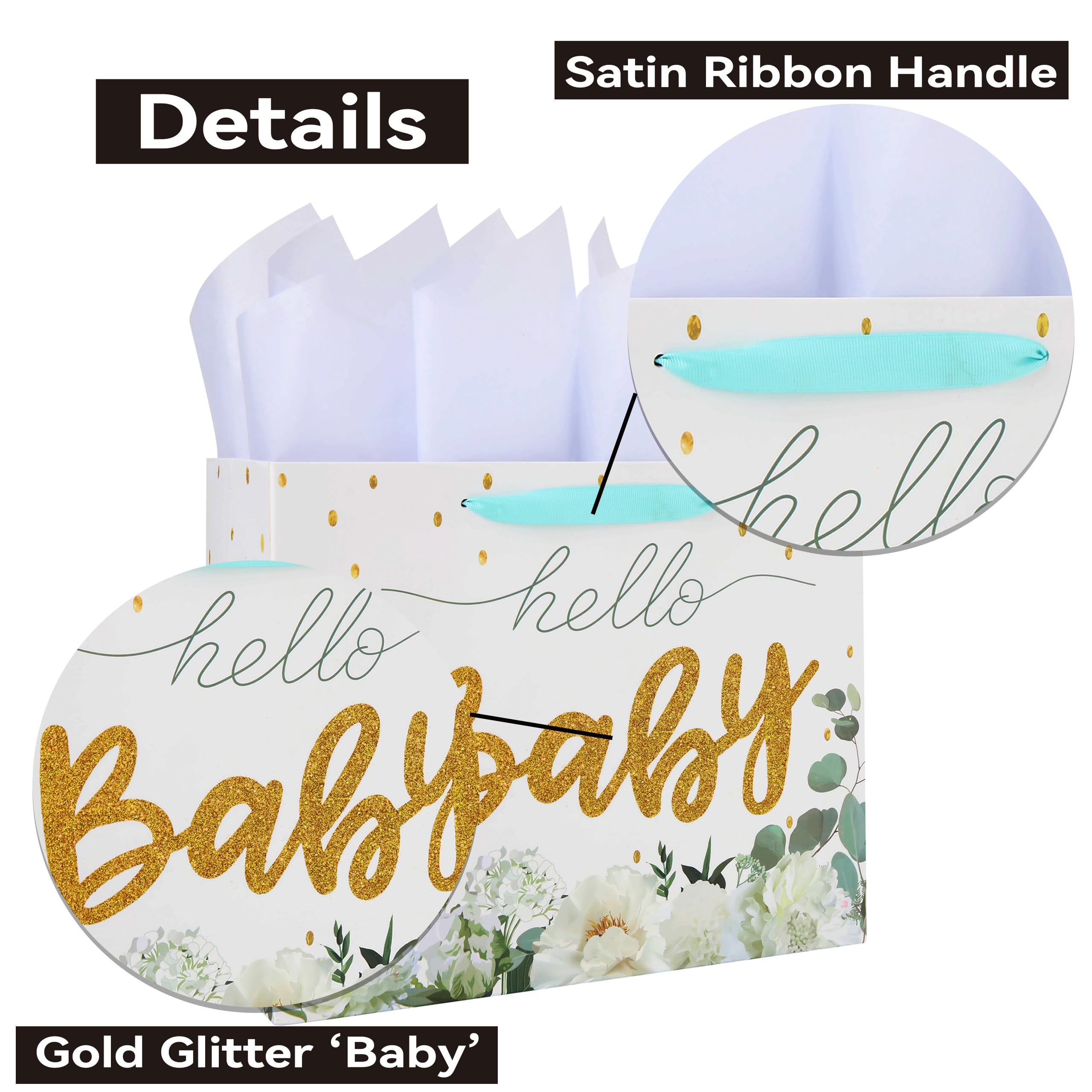 16.5" Extra Large White Gift Bag Set with Greeting Card and Tissue Papers (Gold Glitter ‘Baby’) for Baby Shower, Baby Girl or Boy, Girls' Birthday Party, Women's Birthday Parties - 16.5”x5.5”x12.6”, 1 Pcs.