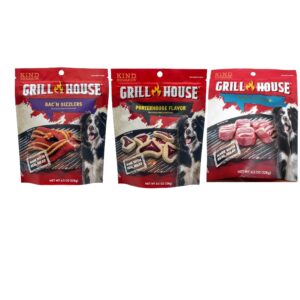 Bumpazie Grill House Bac'n Sizzlers Dog Treats, 4.5 oz. with Grill House Porterhouse Flavor Dog Treats, 4.5 oz and Grill House Ribeye Flavor Dog Treats, 4.5 oz.