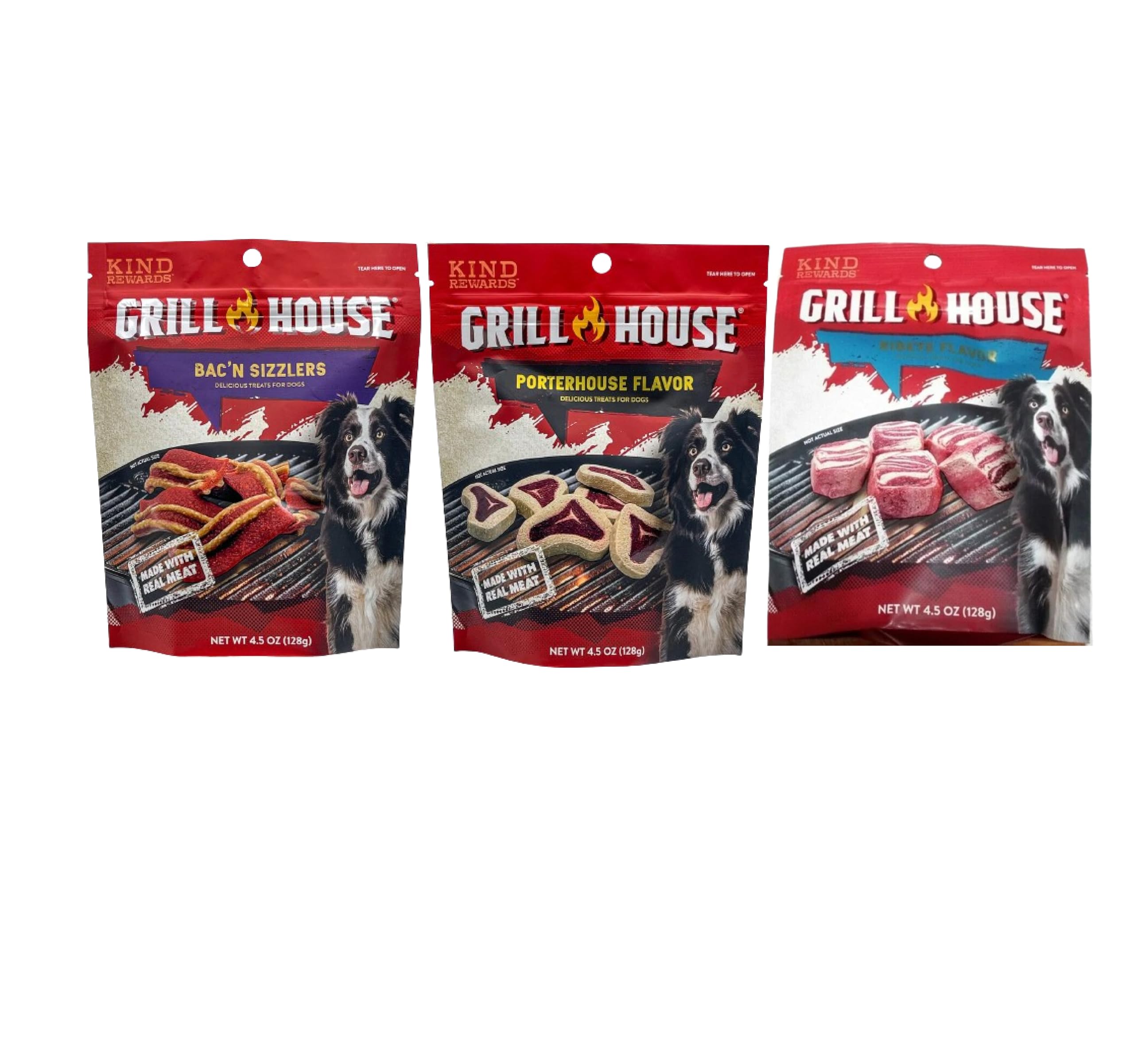 Bumpazie Grill House Bac'n Sizzlers Dog Treats, 4.5 oz. with Grill House Porterhouse Flavor Dog Treats, 4.5 oz and Grill House Ribeye Flavor Dog Treats, 4.5 oz.