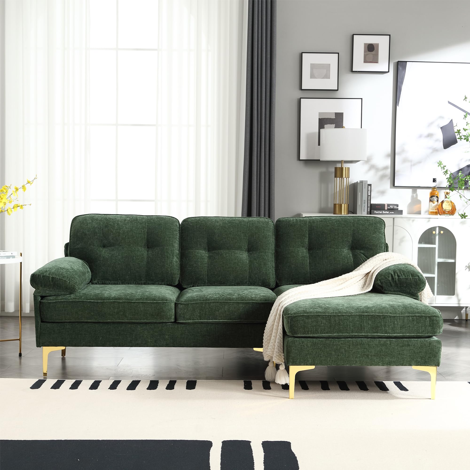 83" Small L Shaped Sofa Couch, Green Sectional Couches for Living Room with Chaise Lounge, Modern Chenille Modular Couch with Removable Cushions Cover Convertible Couches for Small Spaces Bedroom