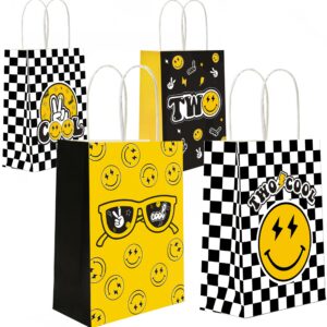 wcosam two cool dude smile-themed party favor gift bags, two cool second birthday party goodie paper bags for yellow black lightening checkered theme party decor (16 pcs)