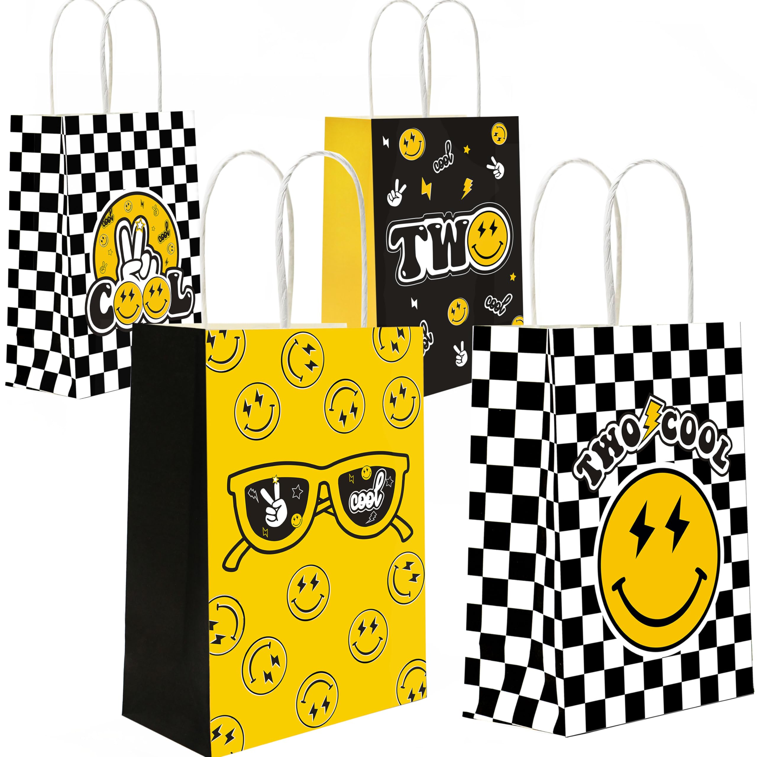 WCOSAM Two Cool Dude Smile-Themed Party Favor Gift Bags, Two Cool Second Birthday Party Goodie Paper Bags for Yellow Black Lightening Checkered Theme Party Decor (16 PCS)