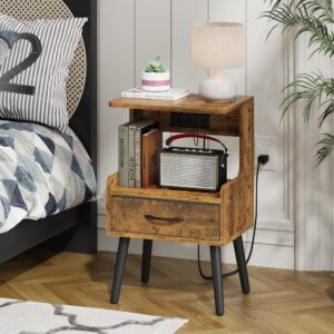 GYIIYUO Night Stand with Charging Station, Cute Bedside Table with Led Lights and Fabric Drawer, Unique Shape NightStand with Open Storage, Small End Table for Bedroom, Rustic Brown