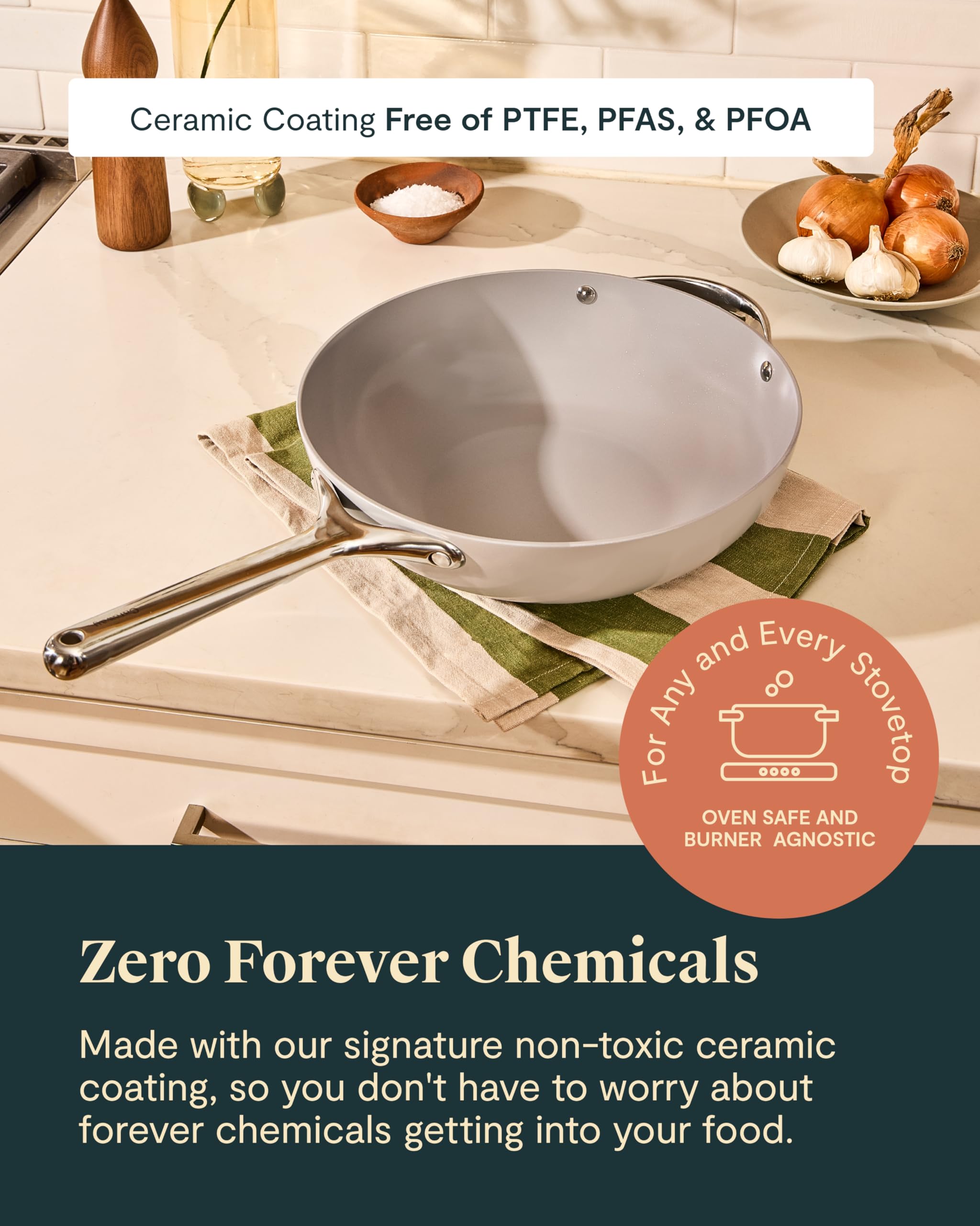 Caraway Non-Stick Stir Fry Pan - 12” Wok-Inspired Pan - Free From Forever Chemicals - High-Sloped Walls - Stainless Steel Handles - Cream