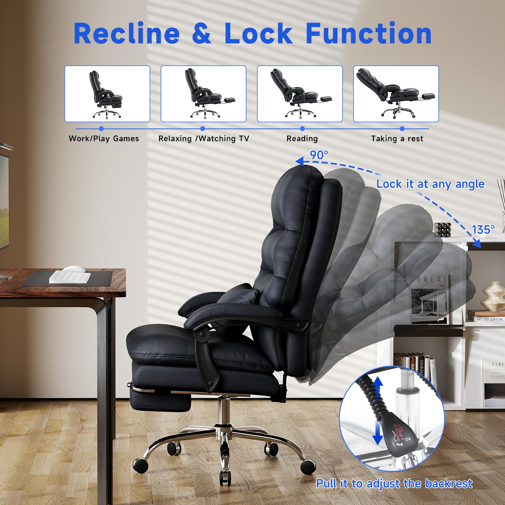 Ylzyxal Office Chair, Big and Tall Office Desk Chair, Ergonomic Office Chair, 400LBS PU Leather Computer Chairs, Executive Office Chair with Foot Rest and Lumbar Pillow, Home Office Chair (Black)