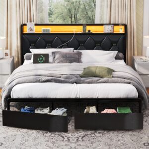 ailisite queen size bed frame with headboard and storage drawers, upholstered black platform bed frame with storage typ-c charging port,led queen bed frame with headboard,heavy duty,no box spring need