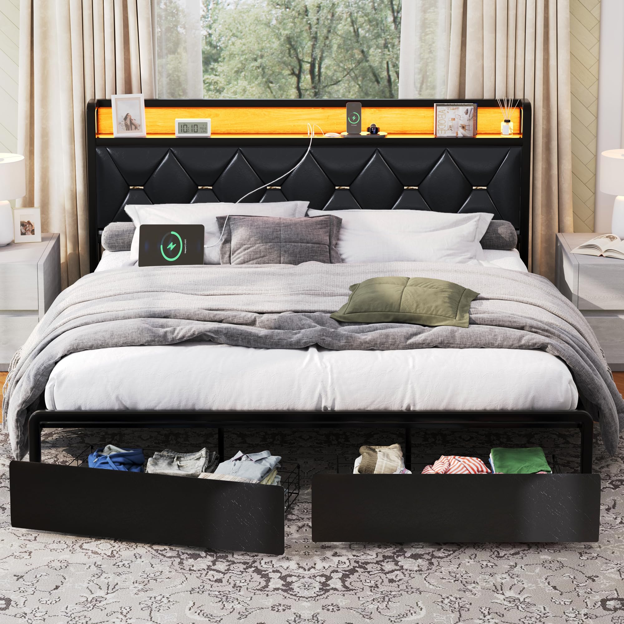 Ailisite Queen Size Bed Frame with Headboard and Storage Drawers, Upholstered Black Platform Bed Frame with Storage Typ-C Charging Port,LED Queen Bed Frame with Headboard,Heavy Duty,No Box Spring Need