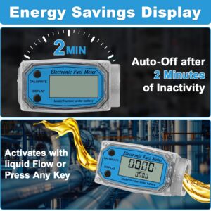 UwinVwin 1" 2.6-26 GPM Inline NPT Thread Flowmeter, Digital Turbine Fuel Flow Meter, for Water, Diesel, Gas Oil, Gasoline, and Other Liquids - Supports Gallon, QTS, PTS, L, m³ with 3/4 in Adapters