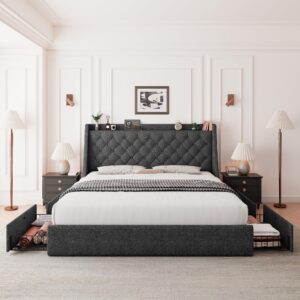 Feonase Queen Bed Frame with 4 Storage Drawers, Upholstered Storage Bed with Charging Station, Tufted Wingback Storage Headboard, No Box Spring Needed, Dark Grey