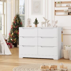 HOSTACK 6 Drawer Dresser, White Dresser with 4 Cubbies, Wood Chest of Drawers with Cut-Out Handles, Modern Storage Chest with 20" Deep Tabletop for Living Room, Hallway, Entryway