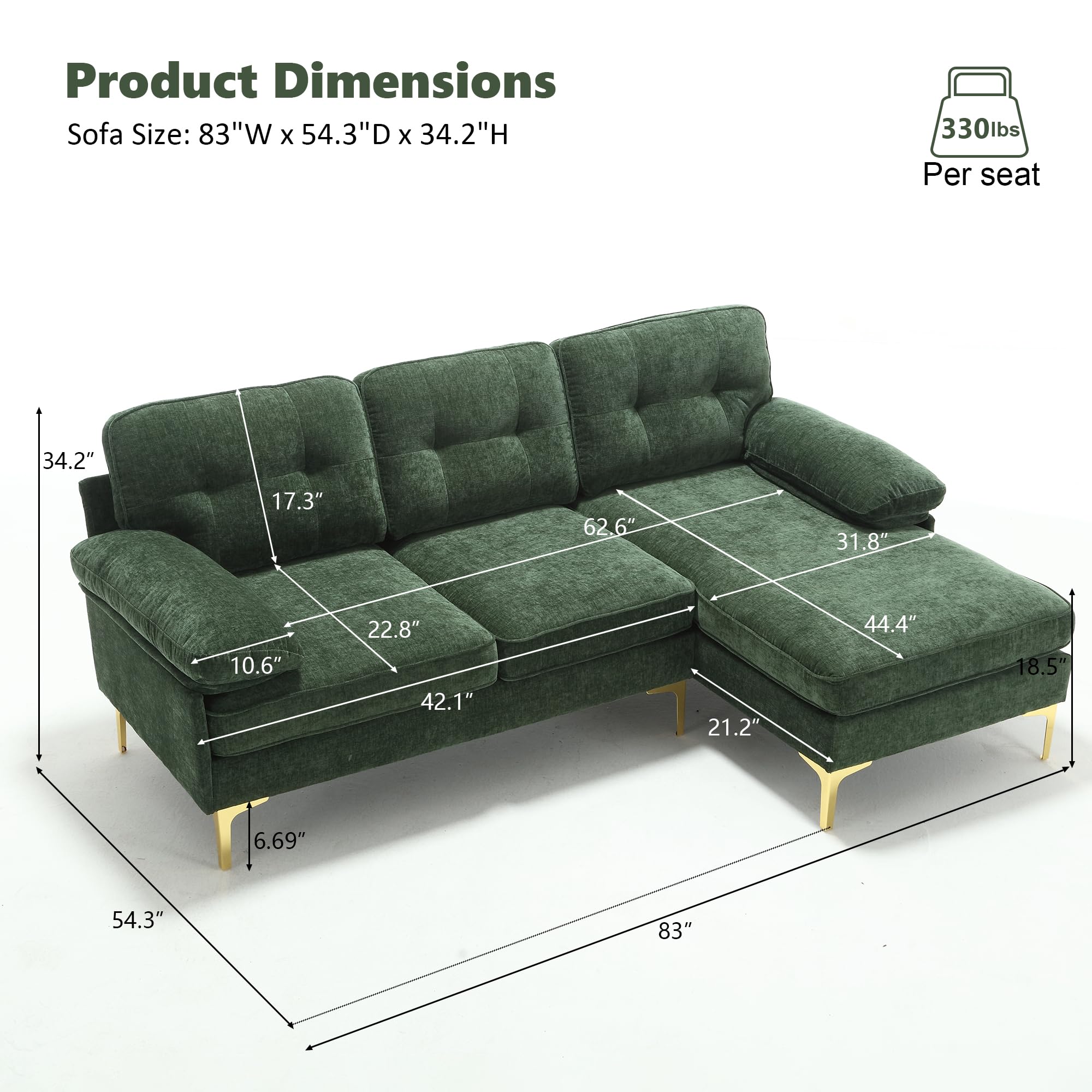 83" Small L Shaped Sofa Couch, Green Sectional Couches for Living Room with Chaise Lounge, Modern Chenille Modular Couch with Removable Cushions Cover Convertible Couches for Small Spaces Bedroom