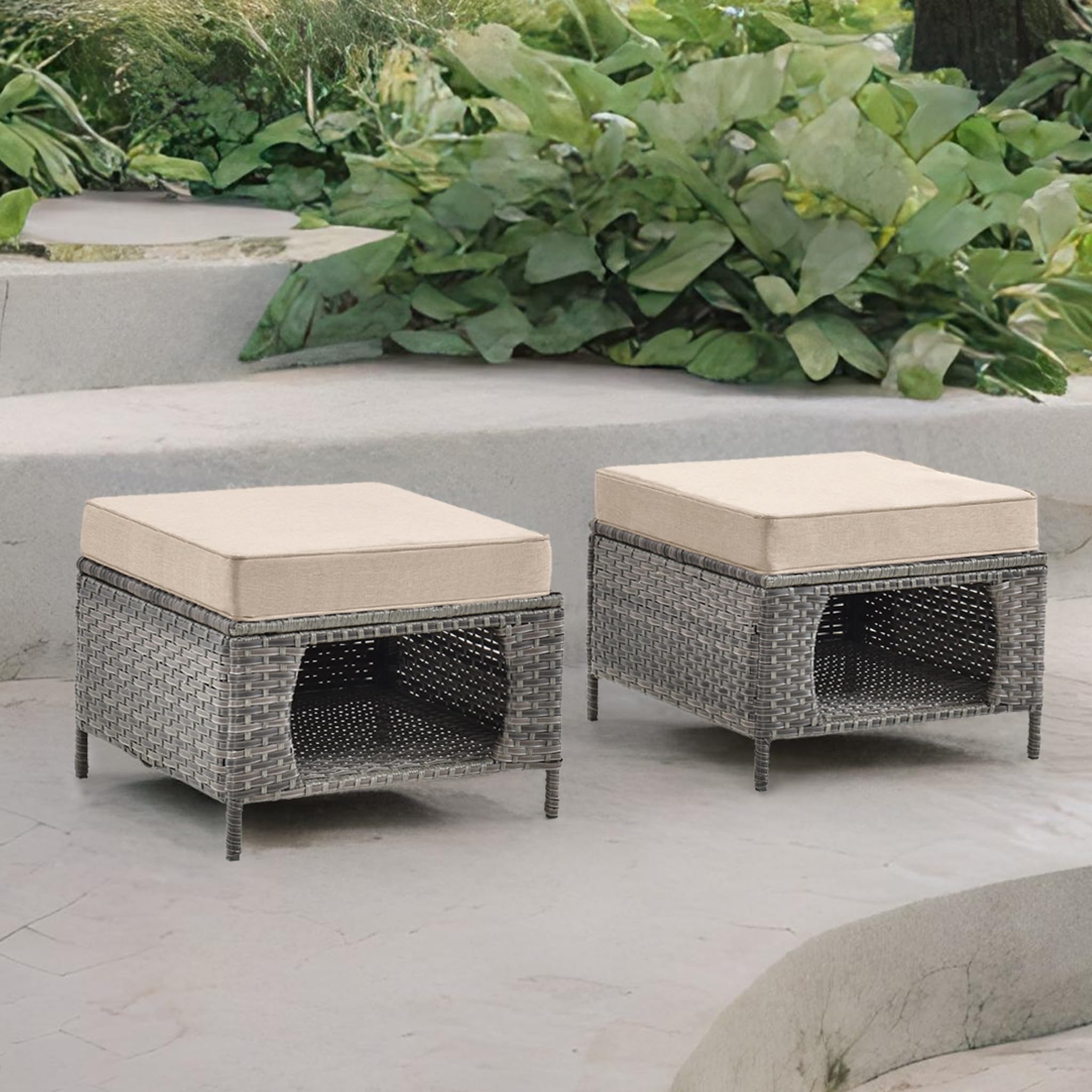 kuurfuurdo 2 Piece Storage Ottomans, Wicker Ottomans Outdoor Furniture for Patio, Backyard, Additional Seating, Footrest, Side Table with Storage, Removable Cushions