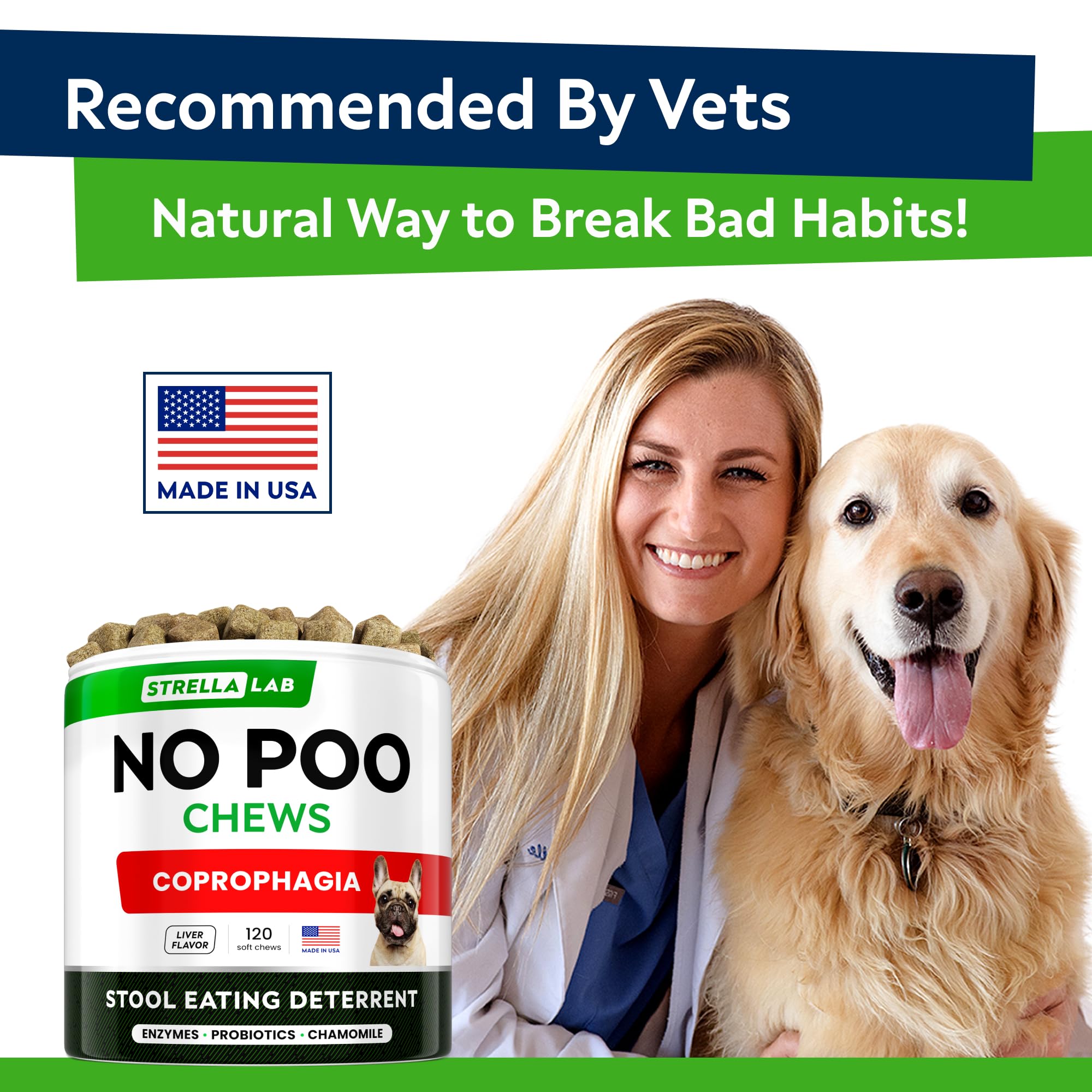 STRELLALAB No Poo Chews for Dogs - Coprophagia Stool Eating Deterrent - No Poop Eating for Dogs - Digestive Enzymes - Gut Health & Immune Support - Stop Eating Poop - Chicken Liver Flavor 120Chews