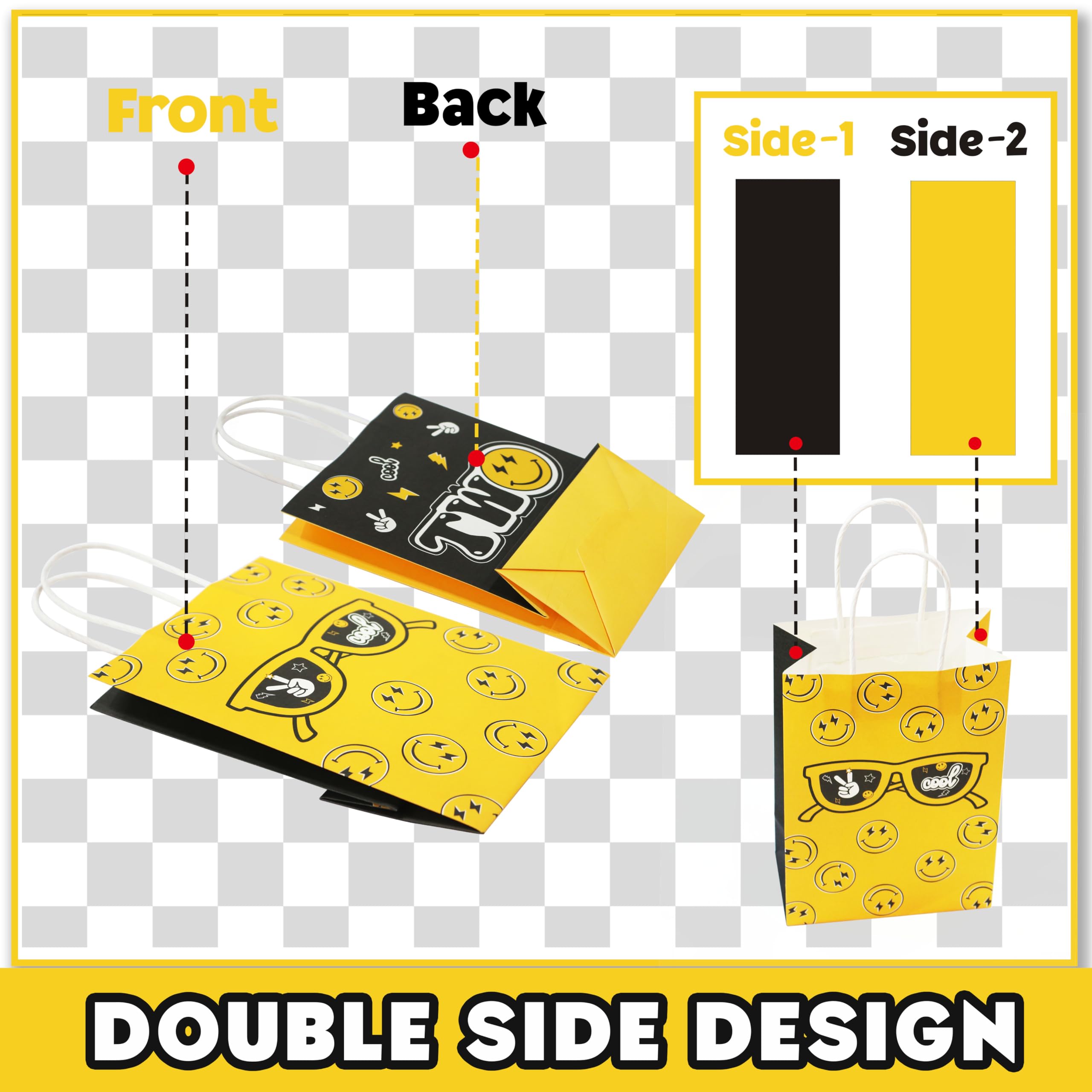 WCOSAM Two Cool Dude Smile-Themed Party Favor Gift Bags, Two Cool Second Birthday Party Goodie Paper Bags for Yellow Black Lightening Checkered Theme Party Decor (16 PCS)