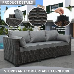 3-Seat Patio PE Wicker Couch Furniture Outdoor Brown Rattan Sofa with Washable Cushions(Grey)