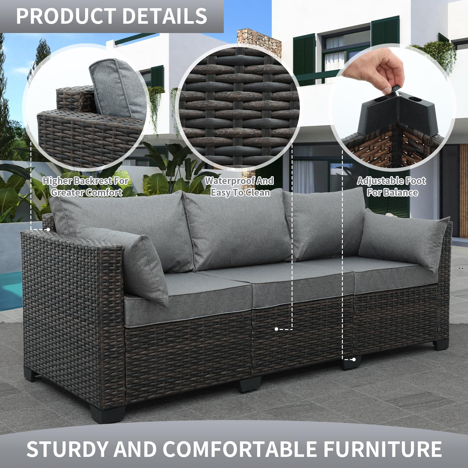 3-Seat Patio PE Wicker Couch Furniture Outdoor Brown Rattan Sofa with Washable Cushions(Grey)