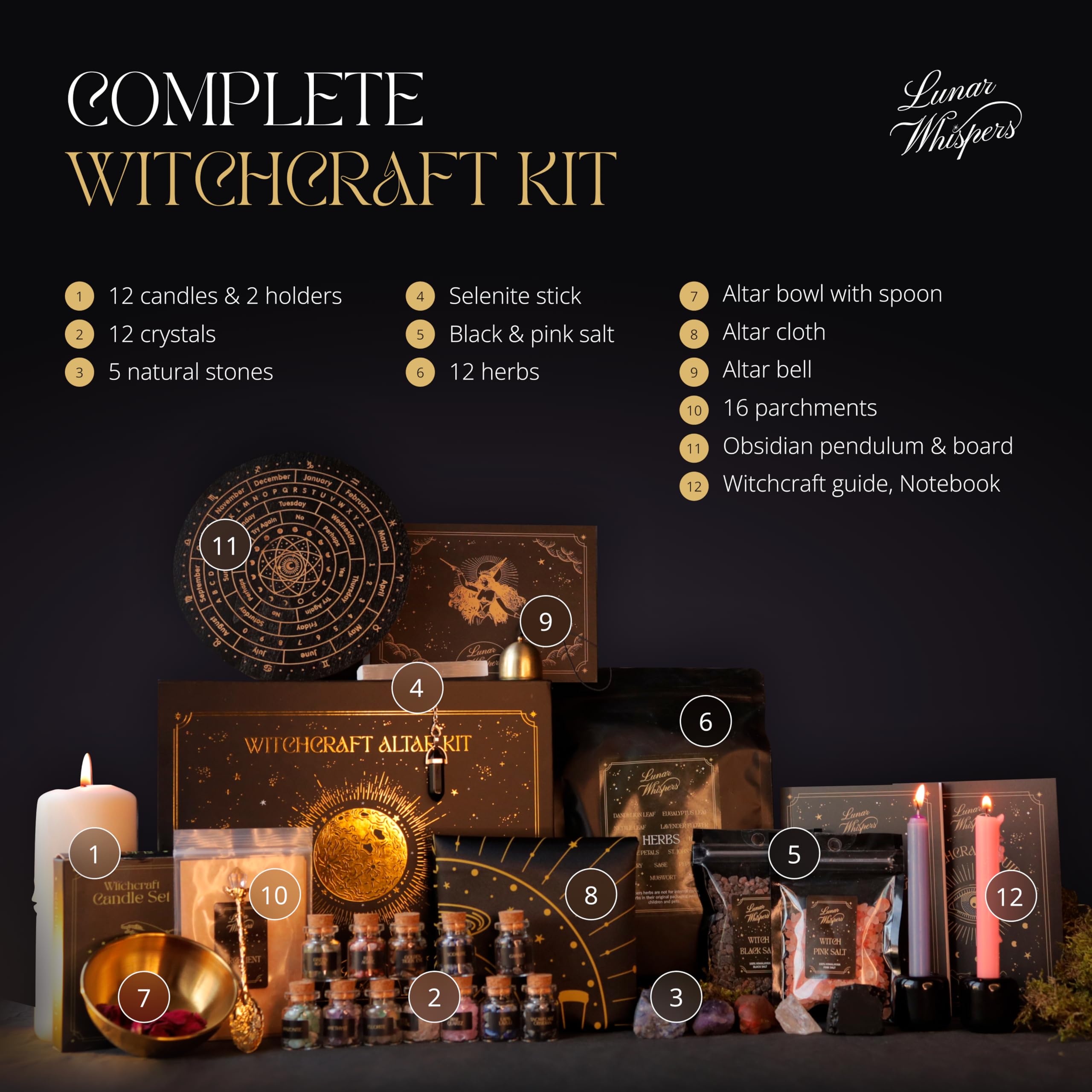 Large Witchcraft Kit 70 pcs - Premium Witch Kit for Beginners - Wiccan Supplies and Tools - Altar Supplies, Crystals, Gemstones, Herbs, Spell Candles