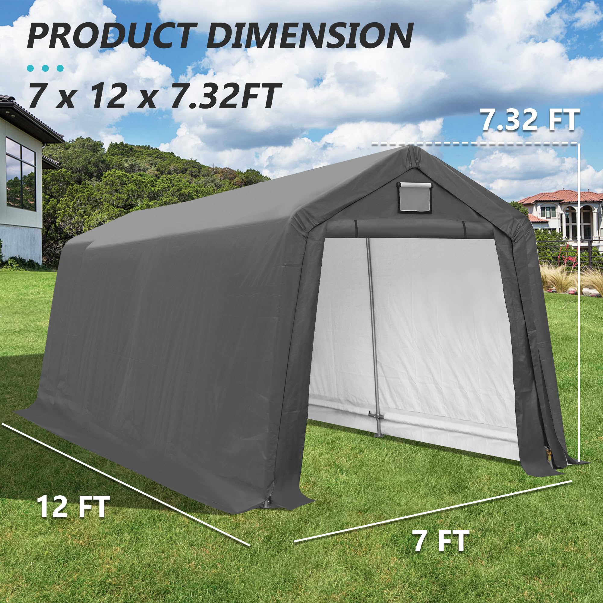 7x12 Ft Outdoor Storage Shelter, Waterproof Portable Storage Shed with Roll-up Zipper Door and Ventilated Windows for Motorcycle, Bike, Tools