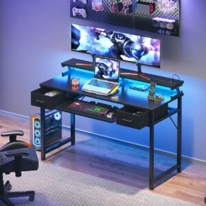 ODK Gaming Desk with Led Lights and Power Outlet, 48 Inch Computer Desk with Drawers and Keyboard Tray, PC Desk with Monitor Stand, Work Desk for Home Office, Black