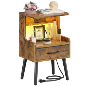 gyiiyuo night stand with charging station, cute bedside table with led lights and fabric drawer, unique shape nightstand with open storage, small end table for bedroom, rustic brown